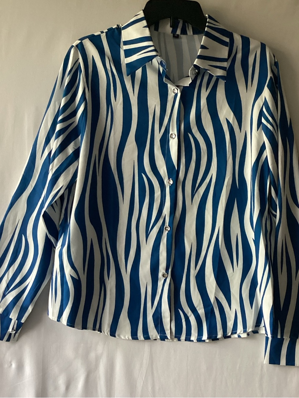 95 Blue and White Zebra-Stripe Button-Up Blouse